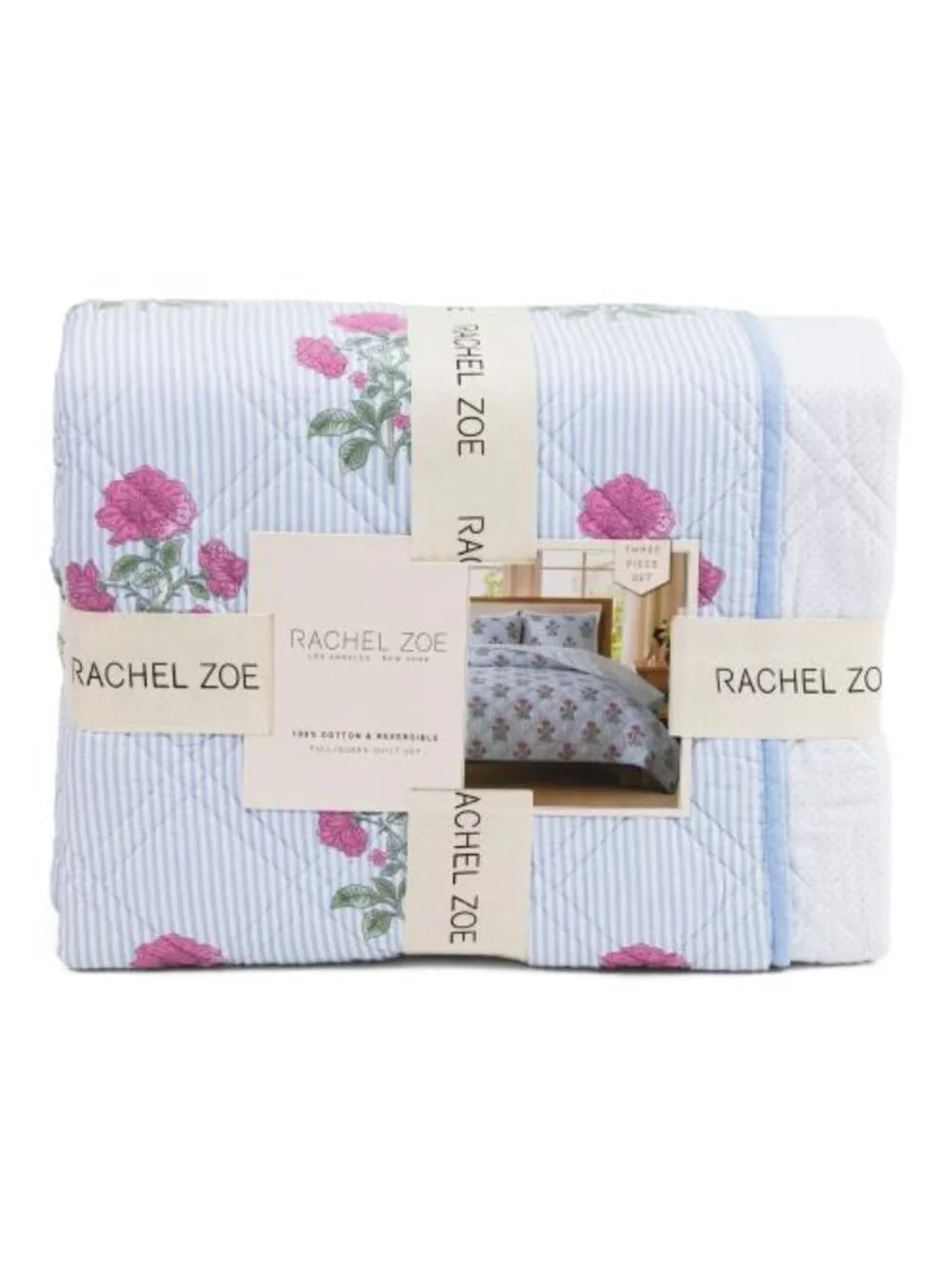 RACHEL ZOE Cotton Striped Reversible Floral To Dot Quilt Set