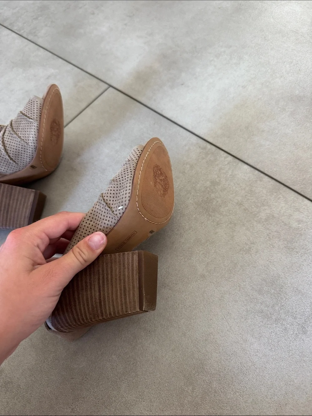 Vince Camuto Taupe Perforated Peep-Toe Block Heel Sandals