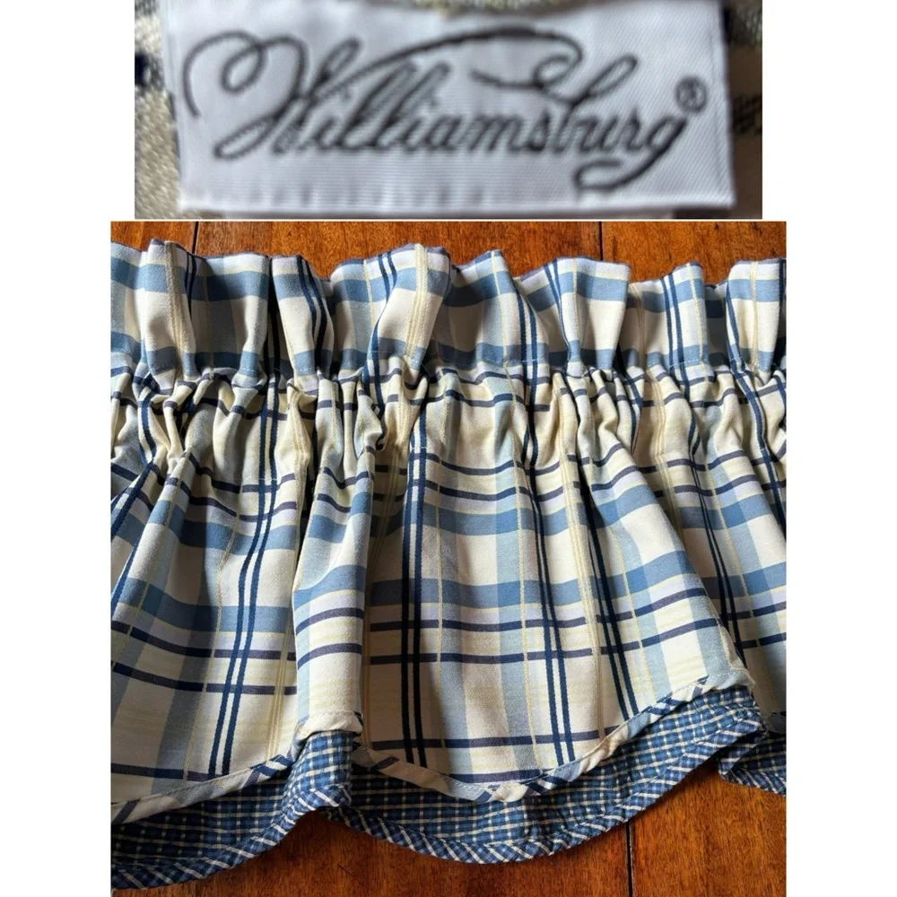 VTG Williamsburg Double Layered Scalloped Plaid Valance Blue Cream 72