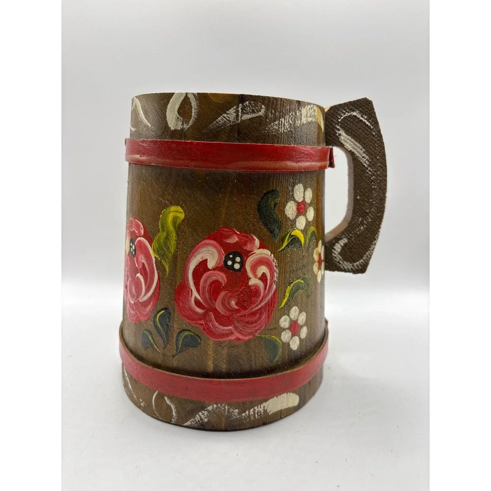 Vintage Hand Painted Wooden Beer Stein Floral Rose Rustic Barrel Tankard Mug
