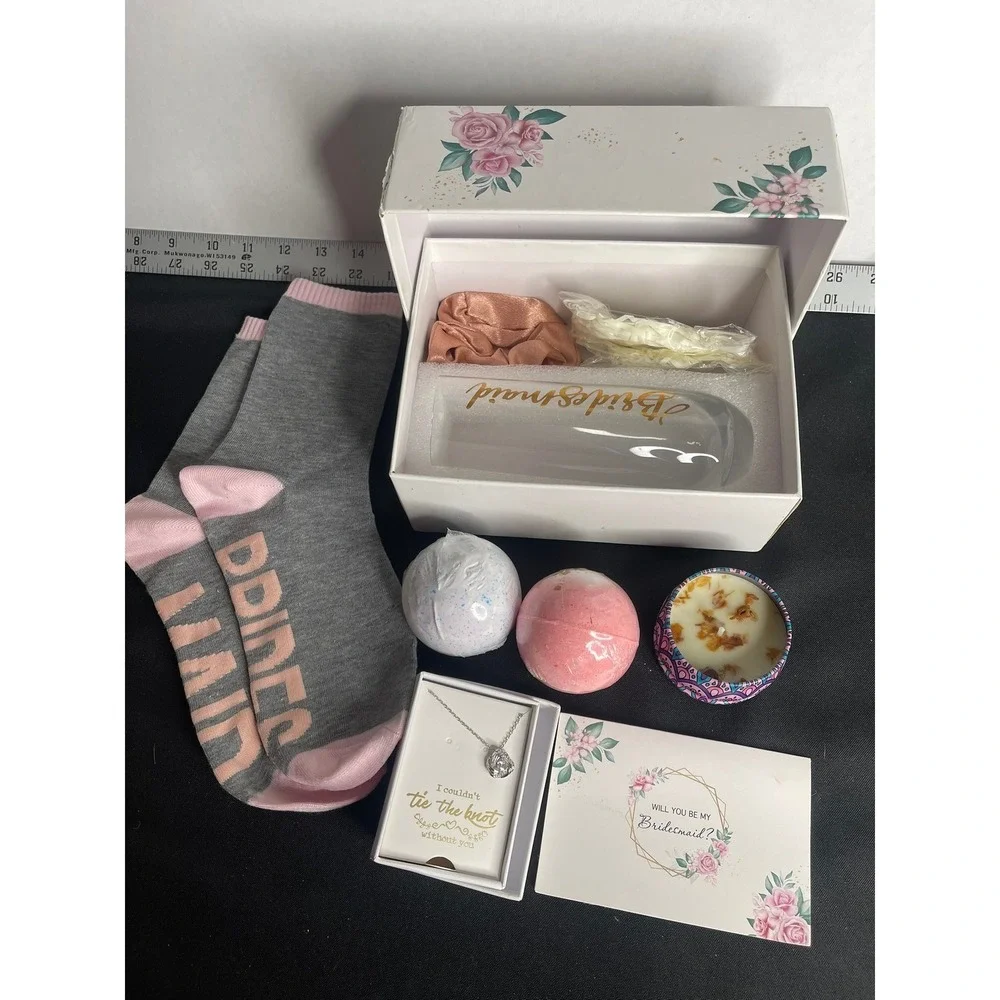Bridesmaid Proposal Gift Box Set Flute Socks Jewelry Bath Bombs Candle Pink Gold