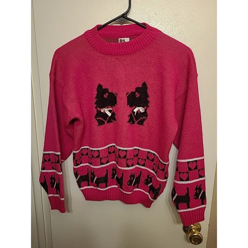 80s Vintage Hot Pink Scottish Terrier Sweater With Hearts And Bows -‎ Hot Fudge