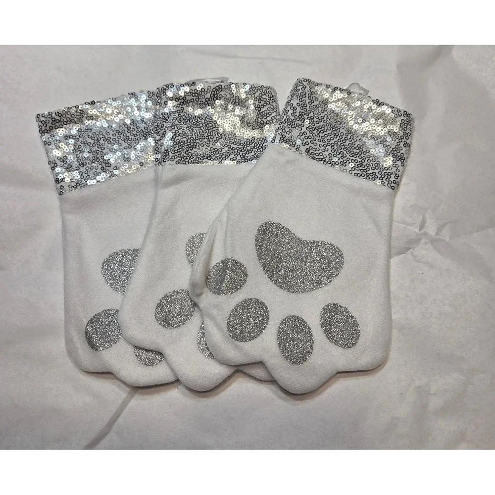 3-Pet StockingsSparkle Sequin Paw Print Mittens‎ White Silver Cute Holiday Gift