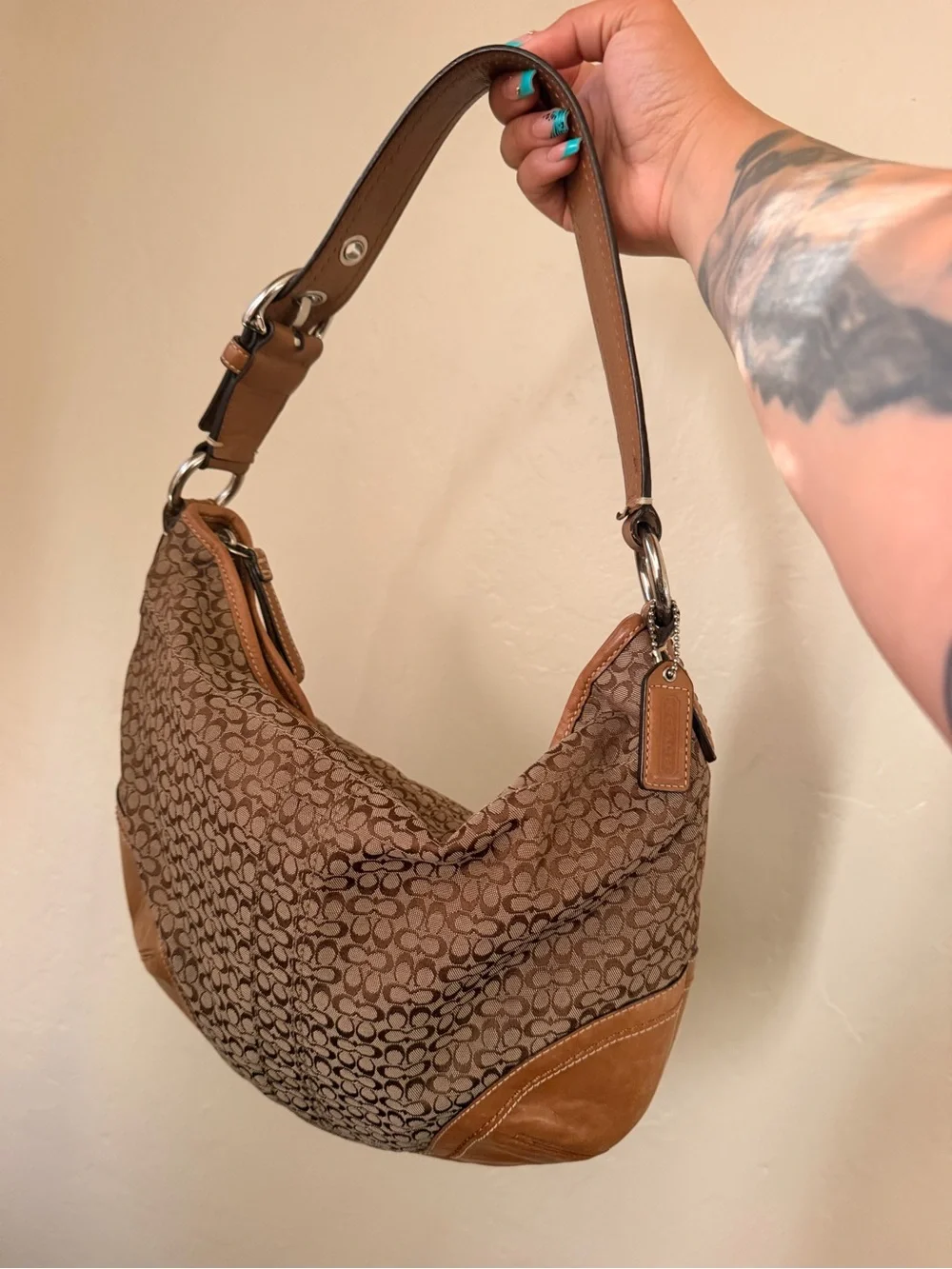 Coach Brown Signature Jacquard Hobo with Leather Trim