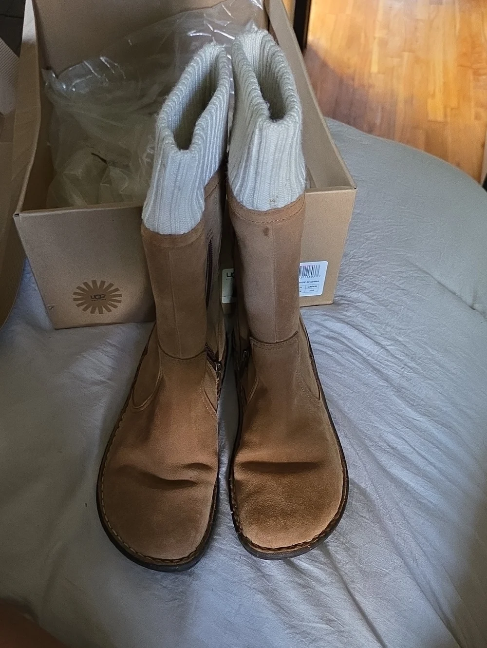 UGG Kids Tan Suede Boots with Cream Knit Cuff