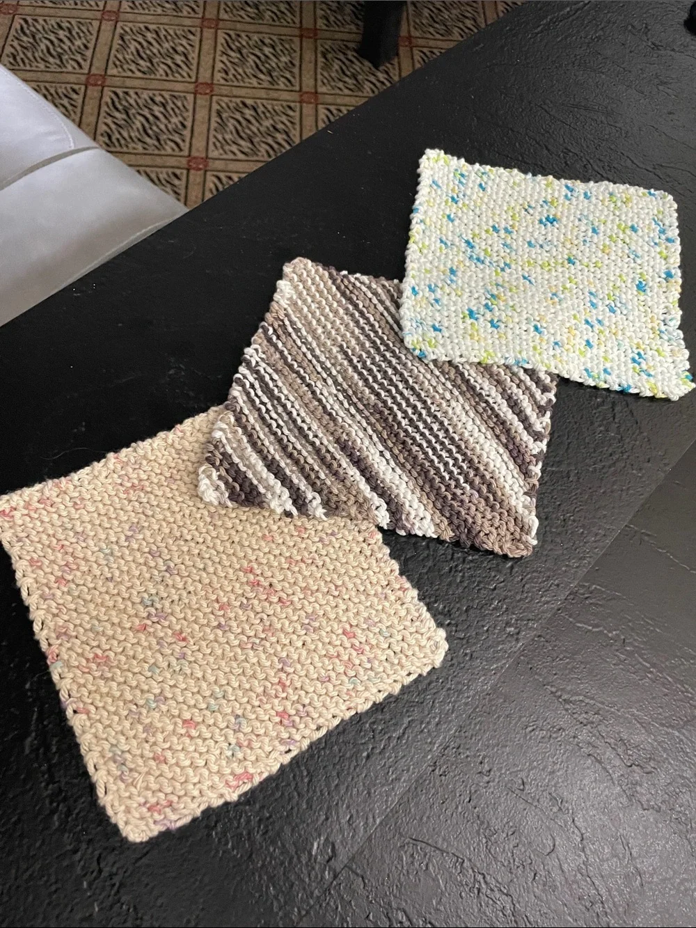 Set of 3 Hand-Knit Cotton Dishcloths - Cream, Brown, Speckled Approx. 7x7