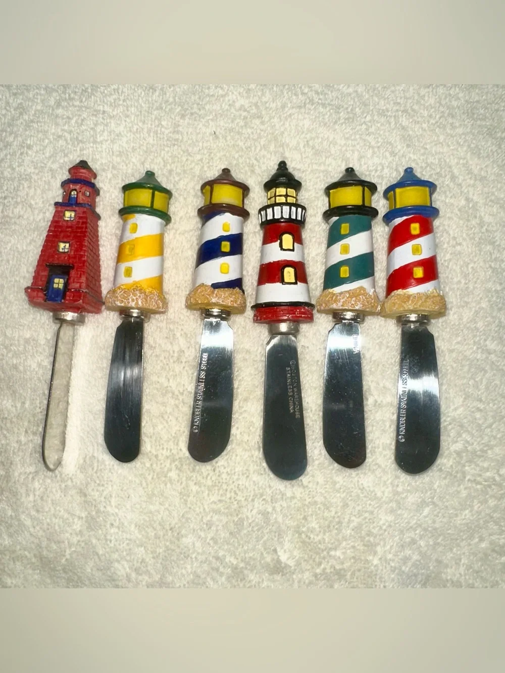 Vintage Lighthouse Cheese Spreaders Lot 6 Boston Warehouse Knobler Mixed Set