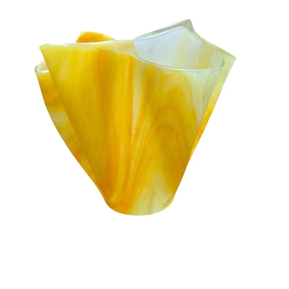 VTG Bright Yellow‎ & White Swirled Handkerchief - Folded Glass Vase 7
