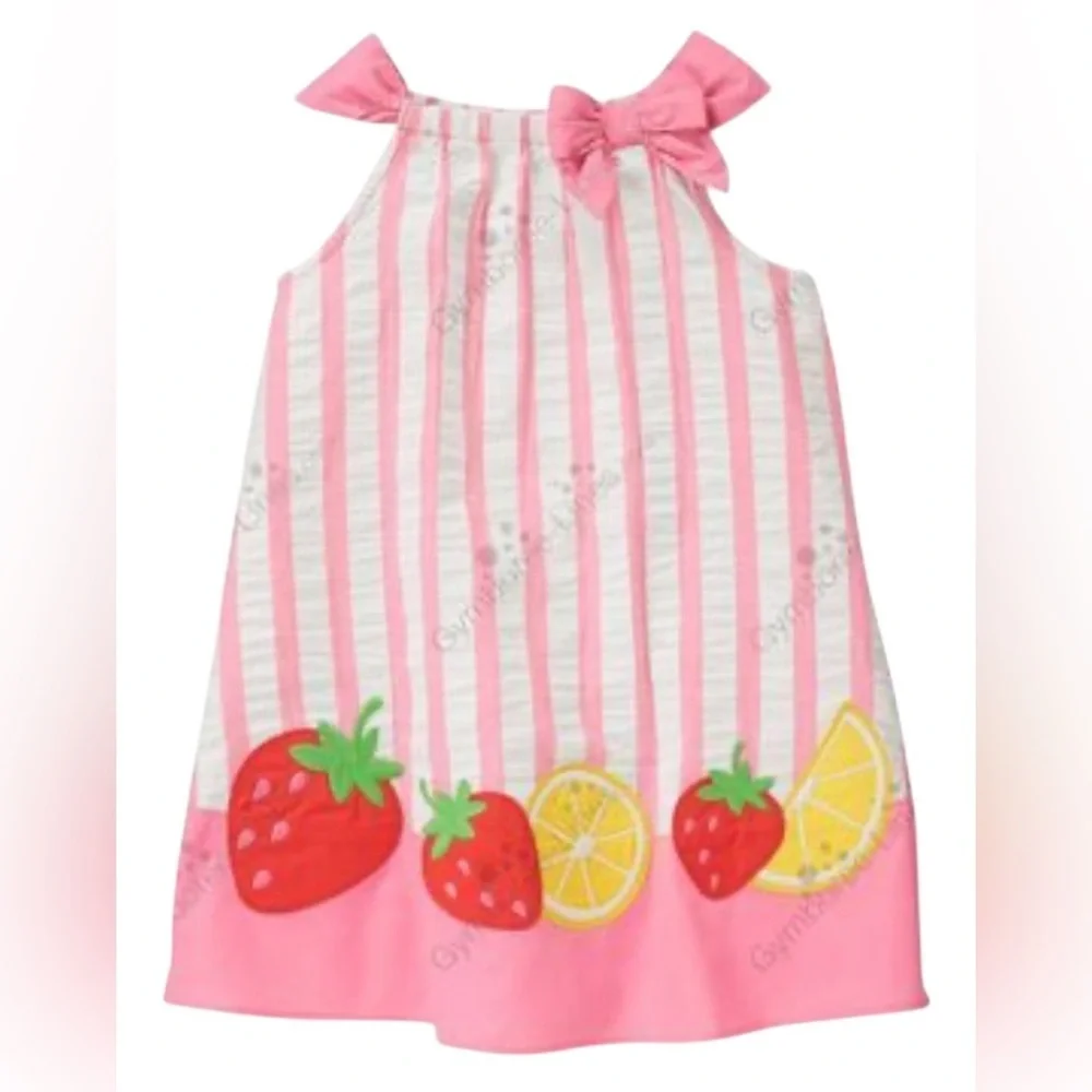 Gymboree Girls Pink White Striped Sleeveless Dress Fruit Patch Size 18-24 Months