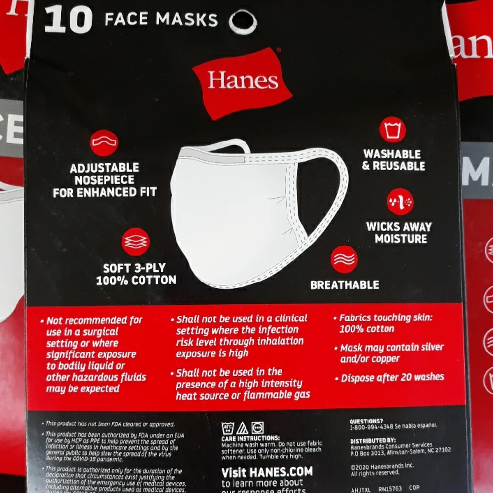 Hanes 10 Pack White Face Masks 100% Cotton 3-Ply Adjustable‎ Breathable Reusable
