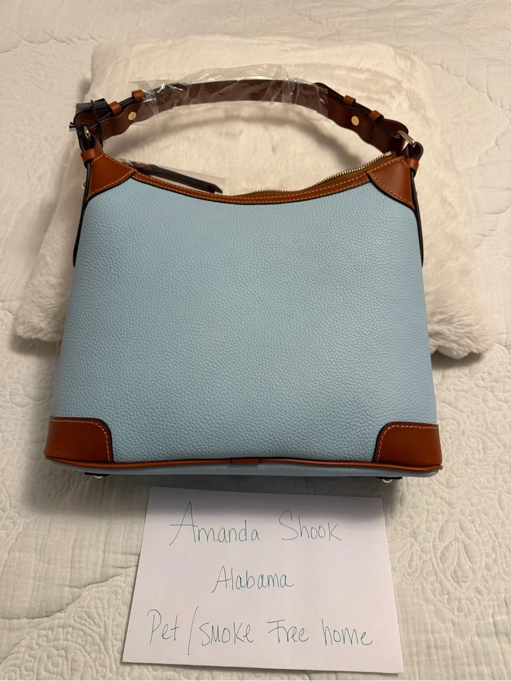 Dooney & Bourke Pale Blue Leather Hobo with Brown Trim