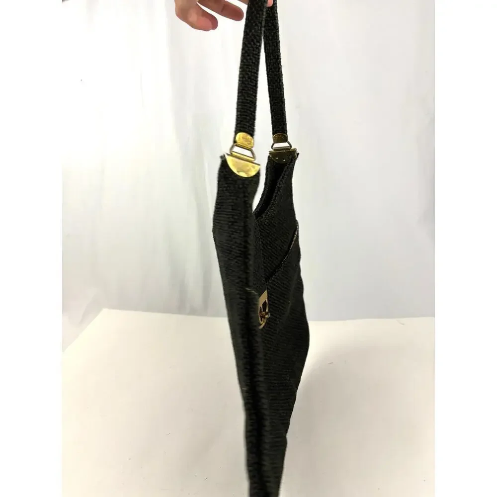 VTG 1970s Charcoal Black Tweed Hobo Bag Gold Hardware‎ Unique