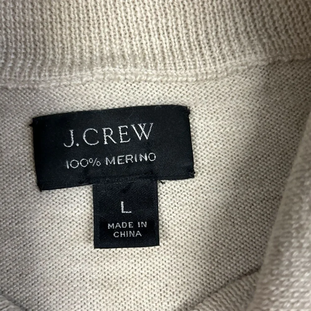 J Crew 100% Merino Wool Full Zip Sweater Mens Large Beige Preppy Pockets