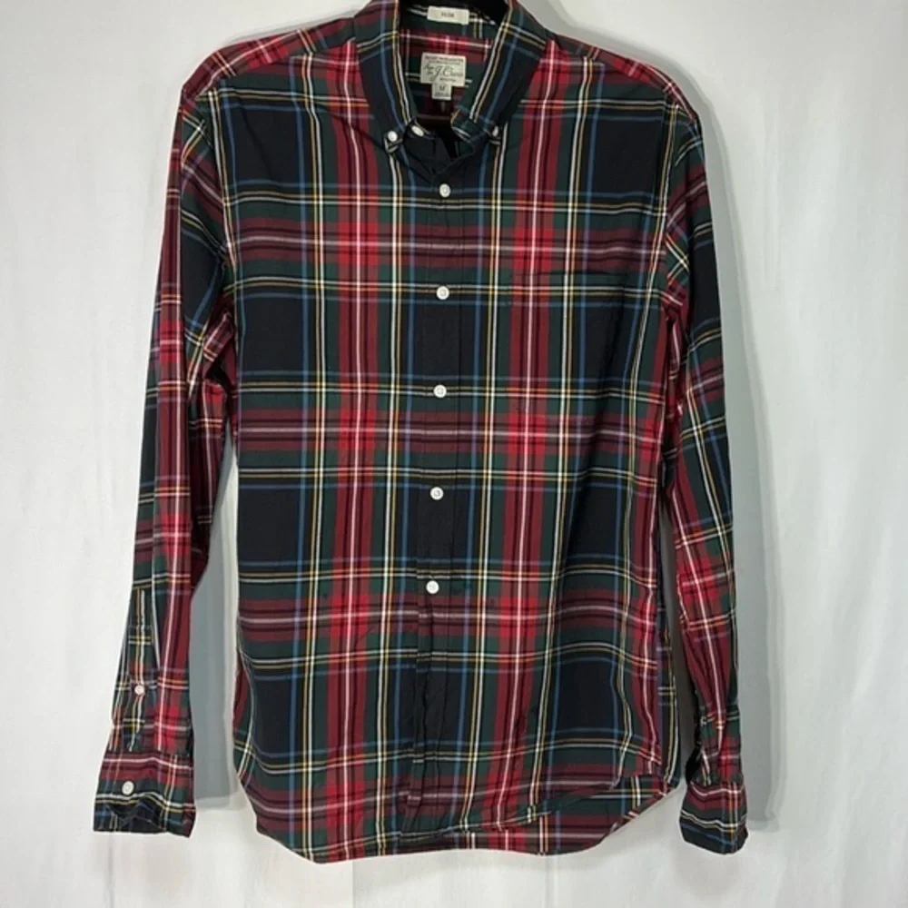 👛 J.Crew, slim stretch, black and red plaid organic cotton button down: