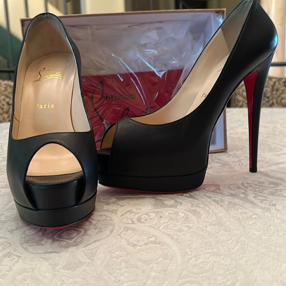 Christian Louboutin Black Leather Peep-Toe Platform Pumps with Red Soles