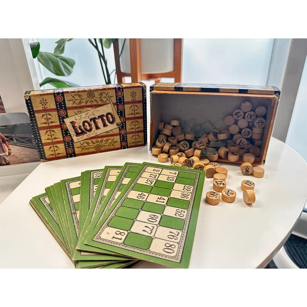 Vintage Loto Game Wooden Number Tokens Bingo Style Board Game Complete