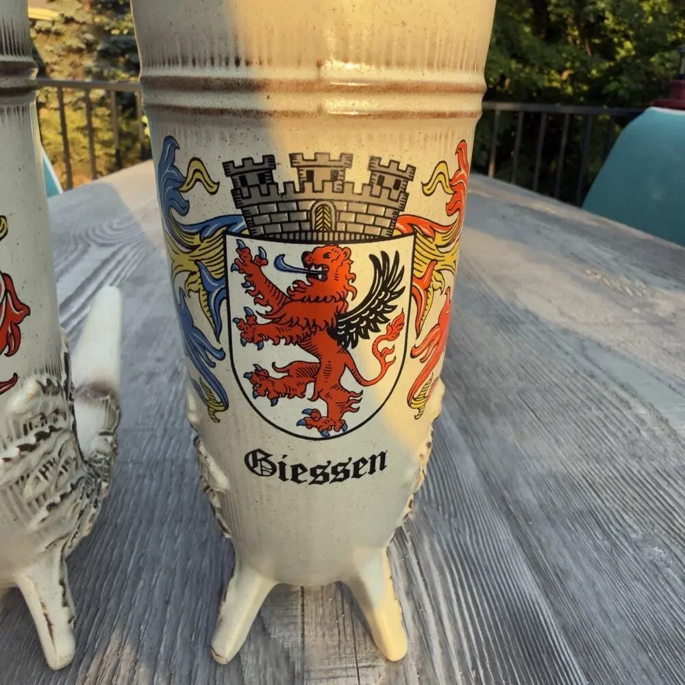 2 Vintage German Drinking Horn Set Fulda & Giessen Heraldic Crest Beer Goblets