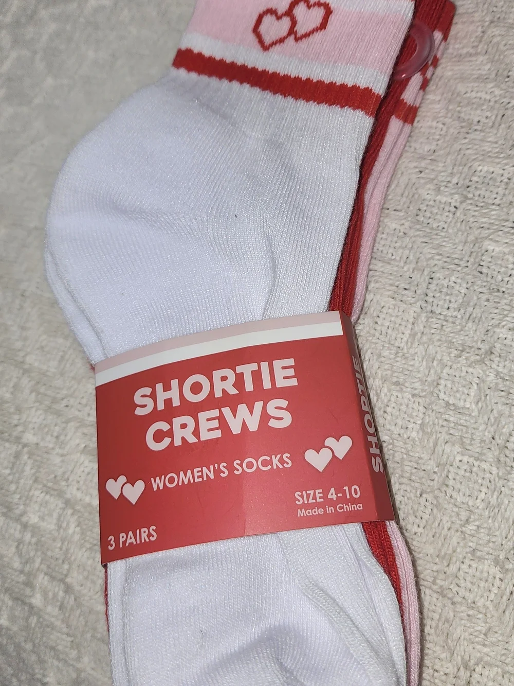 Shortie Crews Women's Sock Set - White & Pink with Red Accents NWT