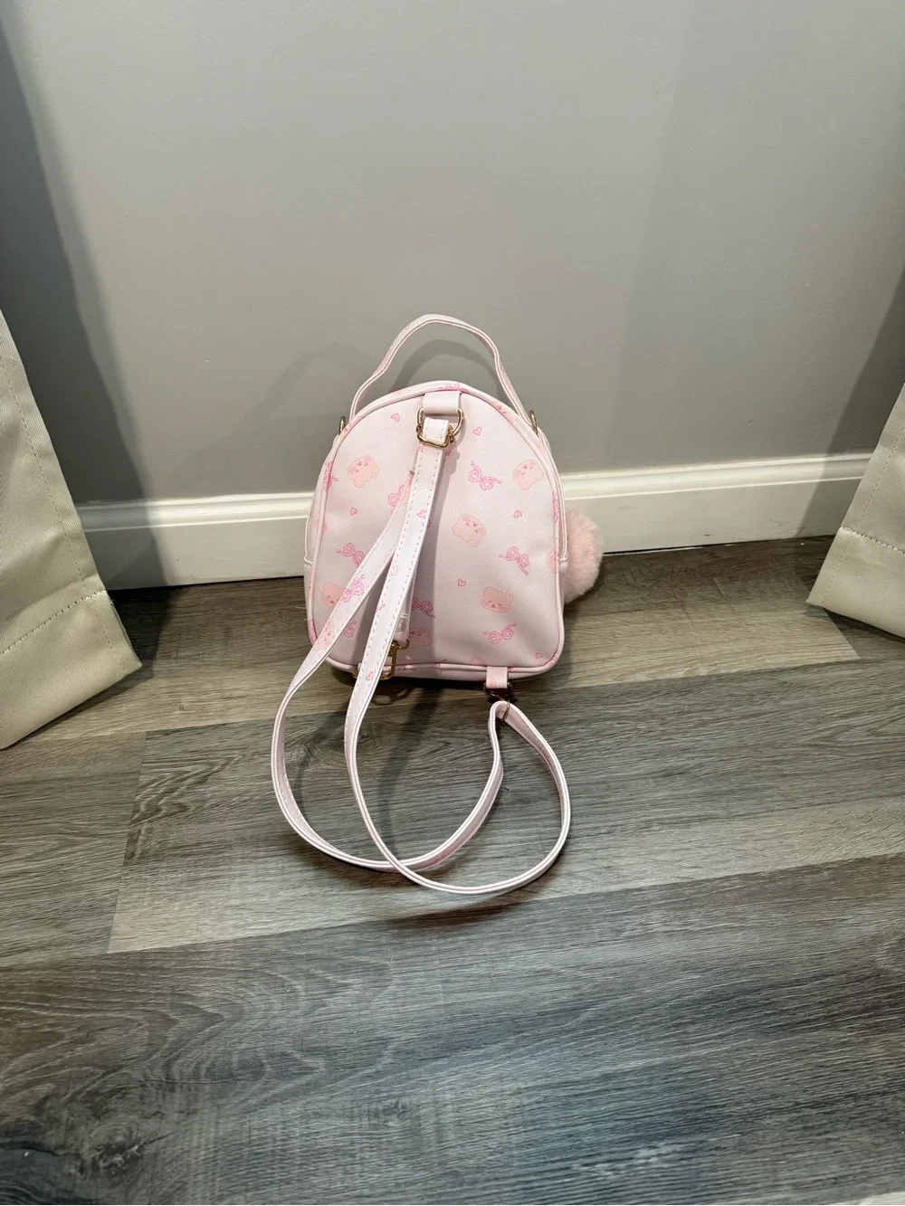 Othr Pink Quilted Teddy Mini Backpack with Pom Pom