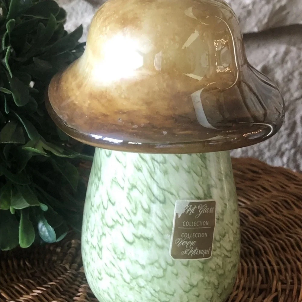Pier1 Imports Art Glass Collection Mushroom Decor Green Brown 4.5