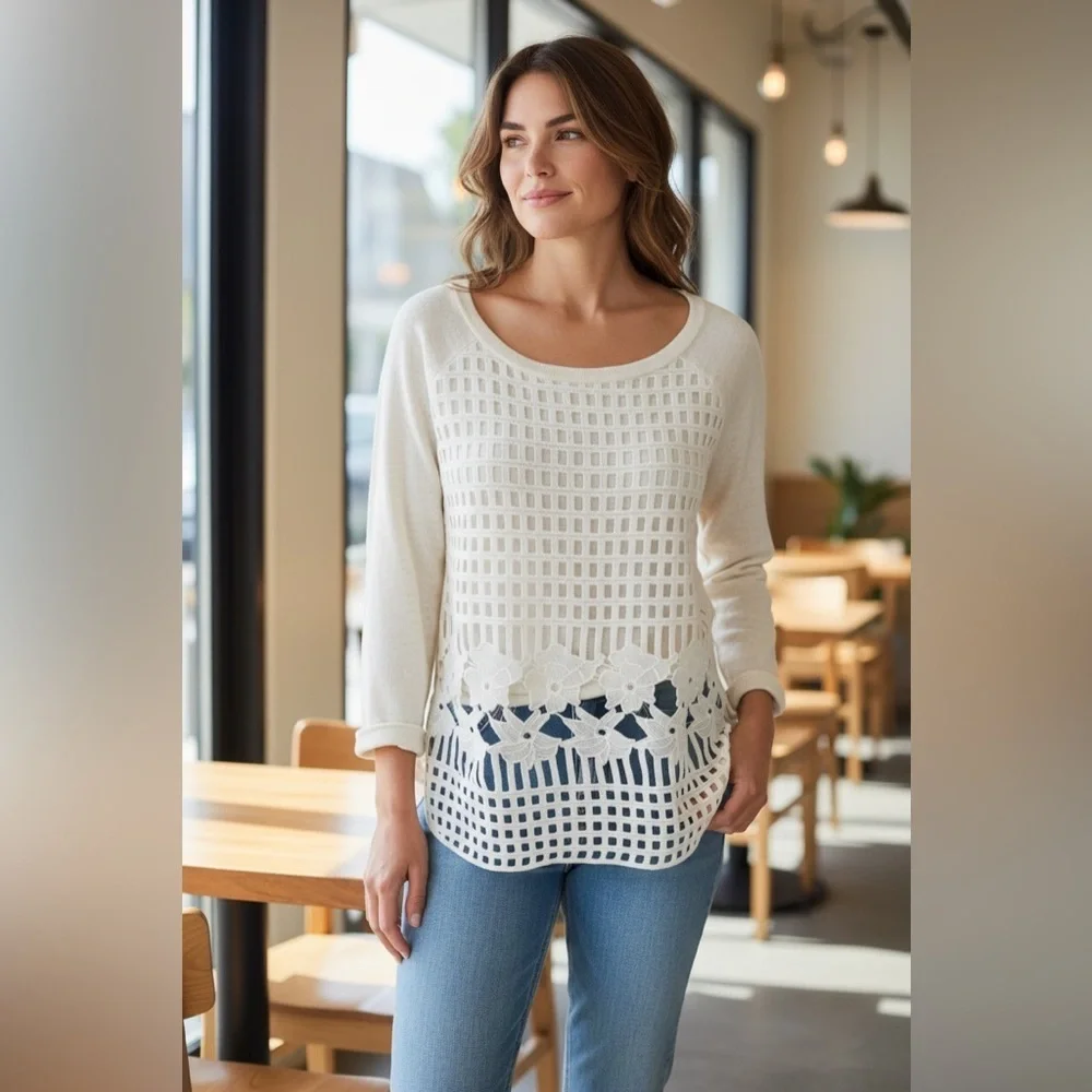 Anthropologie Postmark‎ Womens size Medium Crochet Knit Blouse Top Beige