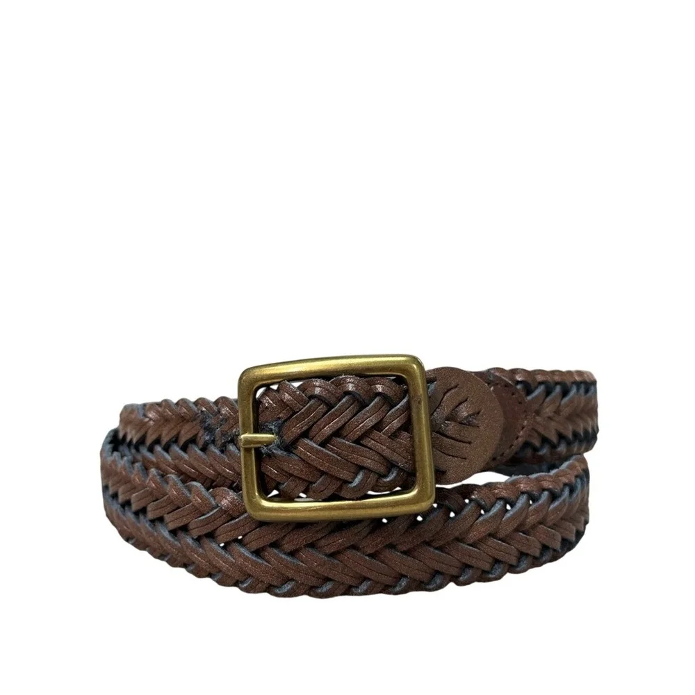 Mens Brown Braided Split Leather Belt Brass Buckle Size 42 Woven Classic Casual