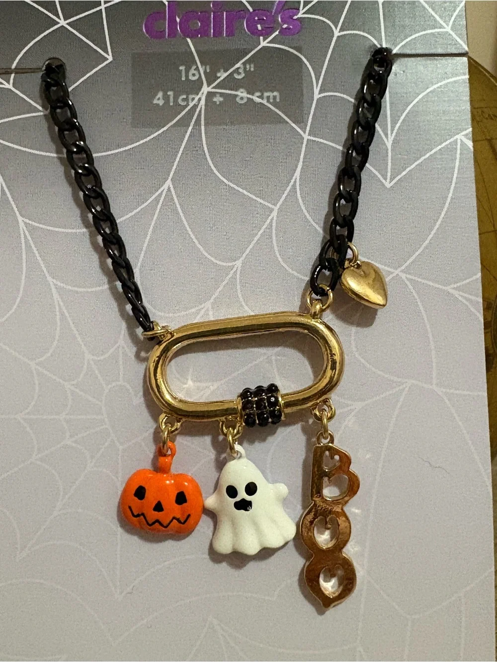 Claire's Gold & Black Halloween Pumpkin Ghost Charm Necklace 16