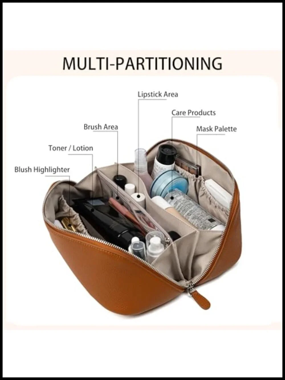 Genuine Leather Cosmetic Bag Large Capacity Travel Makeup Case with Multi