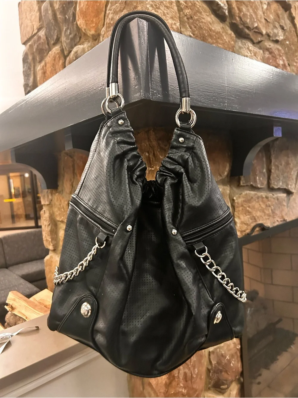 Rampage Black Bag with Gold and Cream Ring Print Clean & Excellent shape
