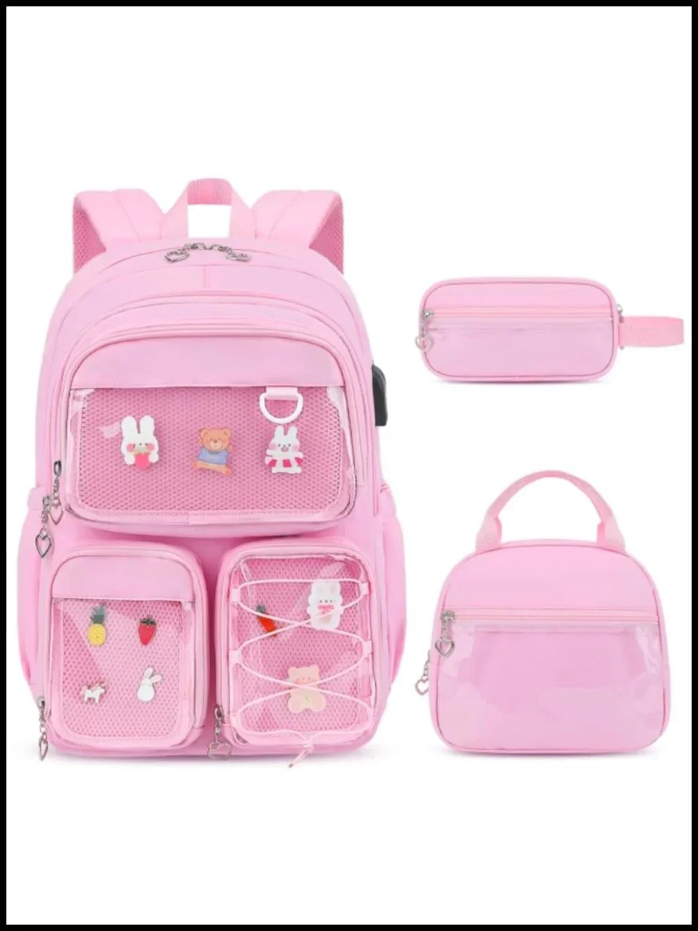 3PCS Girls Ita Backpack Set with Lunch Bag and Pencil Case, Clear Display