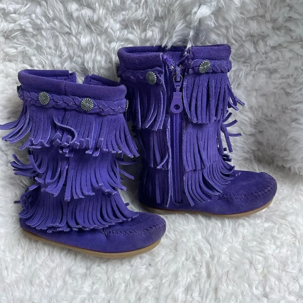 Minnetonka little girl leather suede purple fringe layers knee high boots SZ9