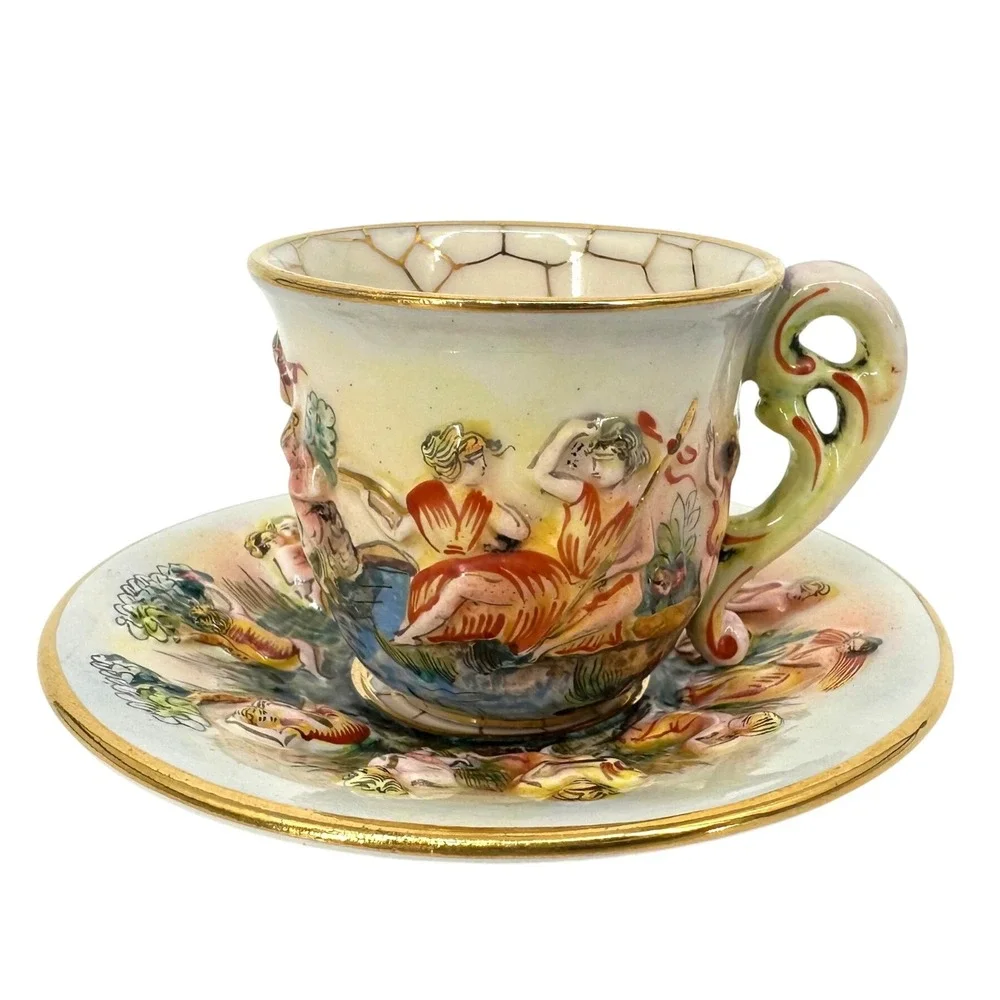 Vintage‎ CAPODIMONTE Italian Porcelain Demitasse Cup Saucer Cherub Gold Trim