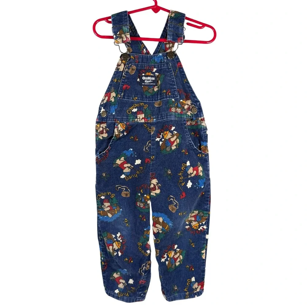 OshKosh B'gosh Vintage Corduroy Overalls Kids‎ 2T Blue Camping Fishing Bear USA