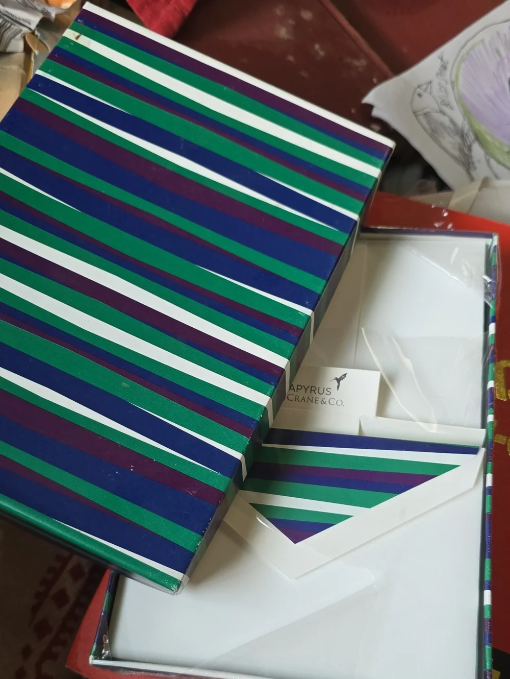 Papyrus Crane & Co. Striped Stationery Gift Box - Green, Blue Card Envelope Set