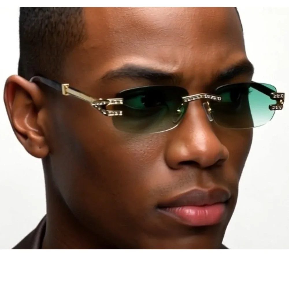 Rhinestone Rimless Men Sunglasses Fashion Green Tinted Lens Hip Hop Street Shade