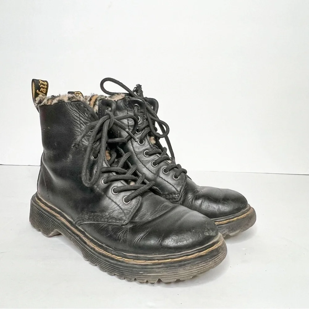 Dr. Martens 1460 Serena Leo Leopard Print Fur Trim Black Leather Combat Boots