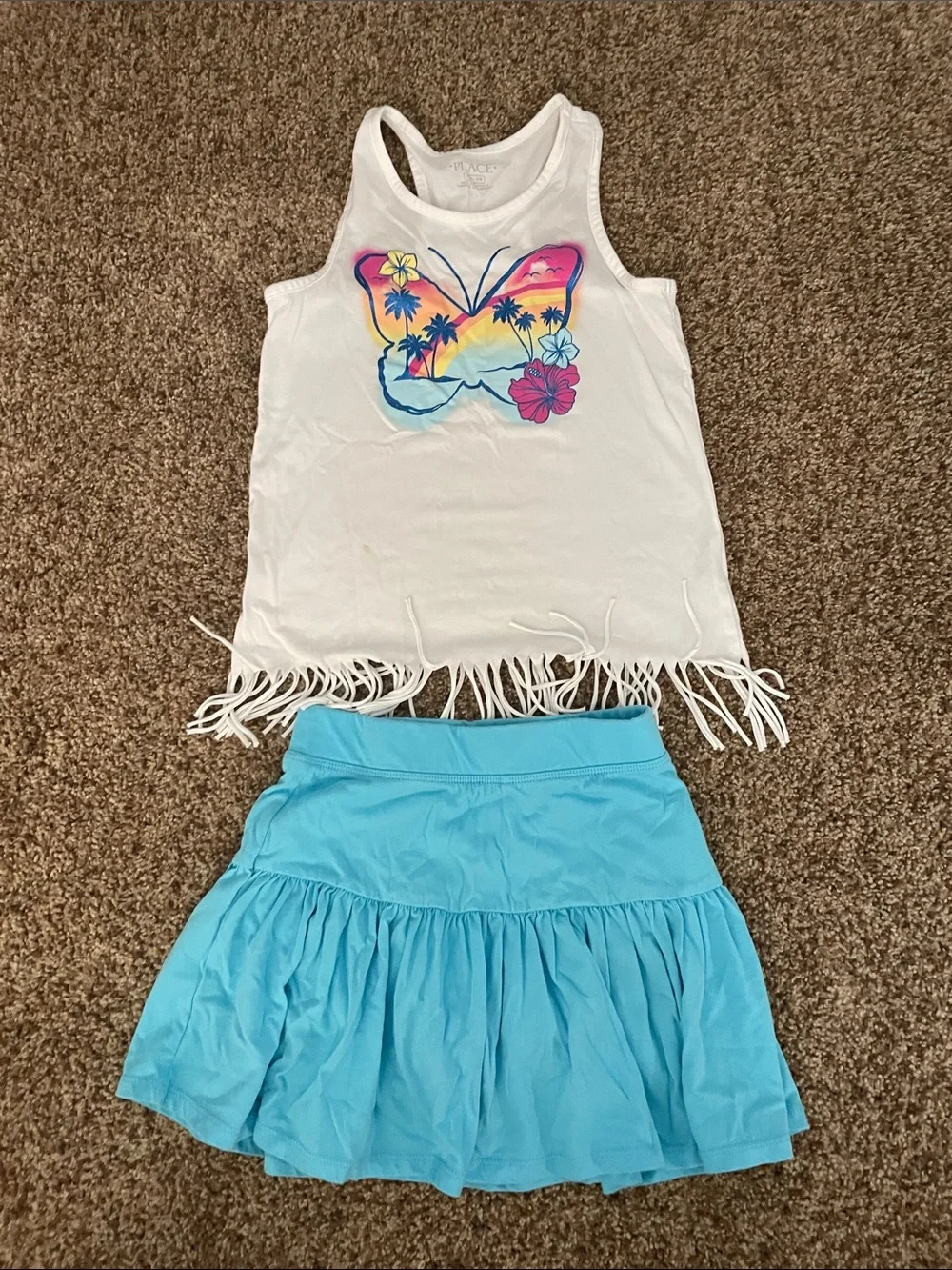 The Children's Place White Tank & Blue Skirt Set with Butterfly Graphic