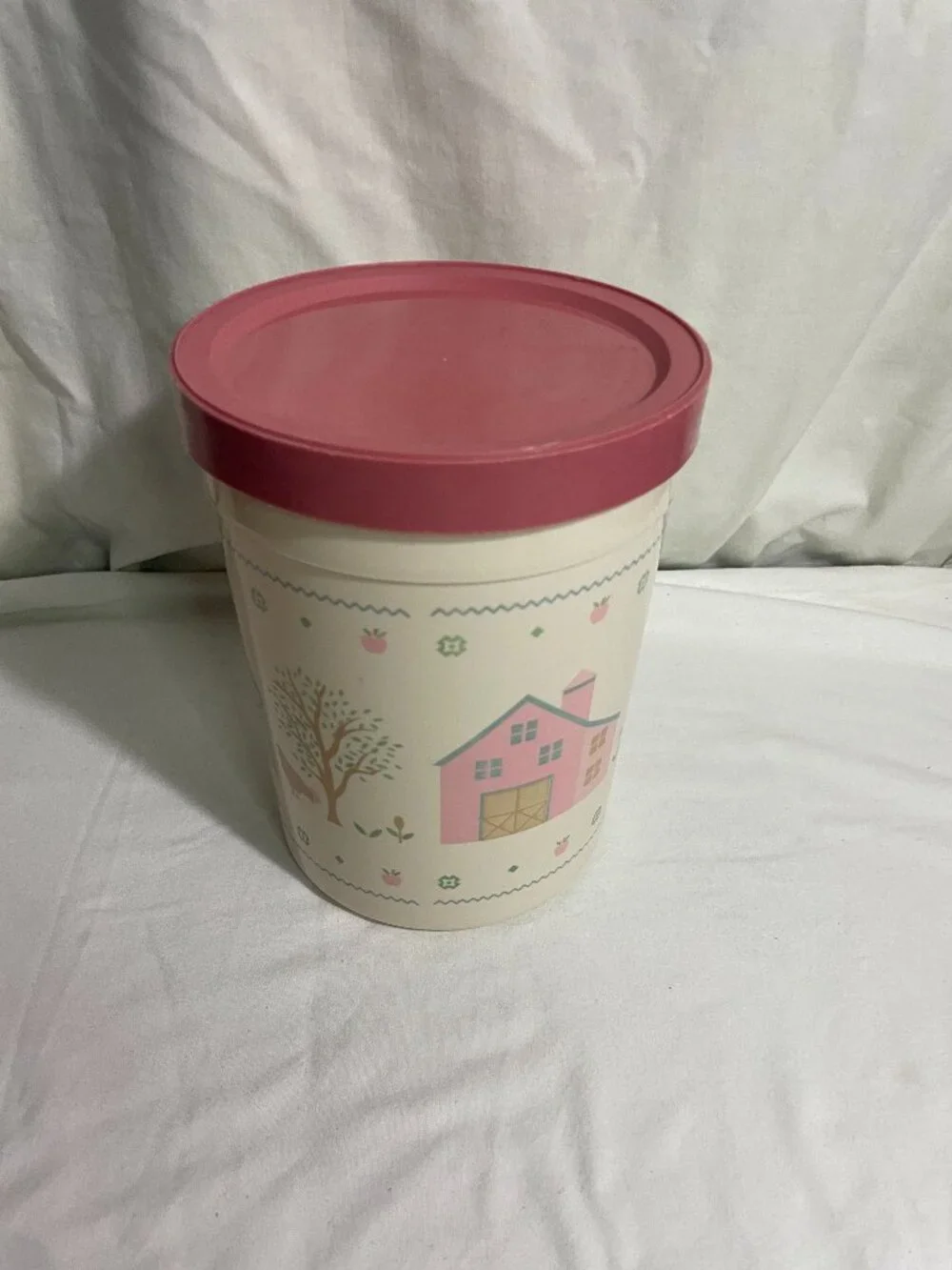 Vintage Plastic Canister Storage Container Pink Lid Farm Country Cottage Kitchen