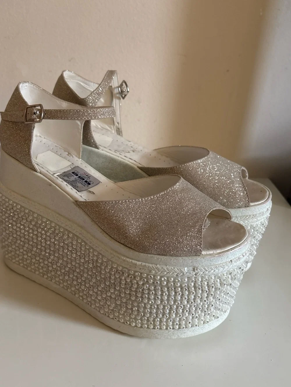 Women's Glitter Platform Wedge Sandals - Silver gold   White Sparkly Glitter Wed