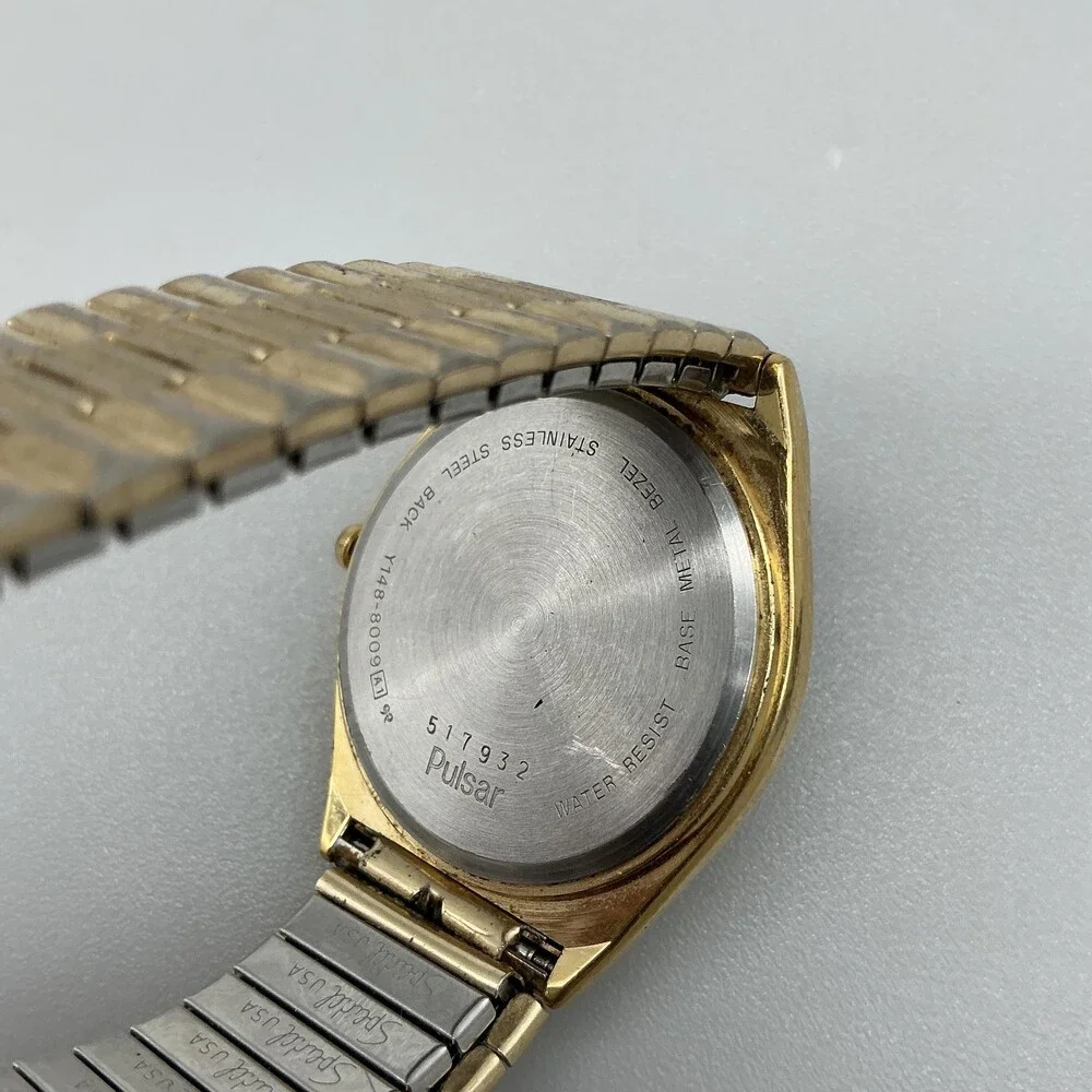 Vintage Pulsar Mens Watch 34mm Gold Tone Day Date H148-8009 Stretch New Battery