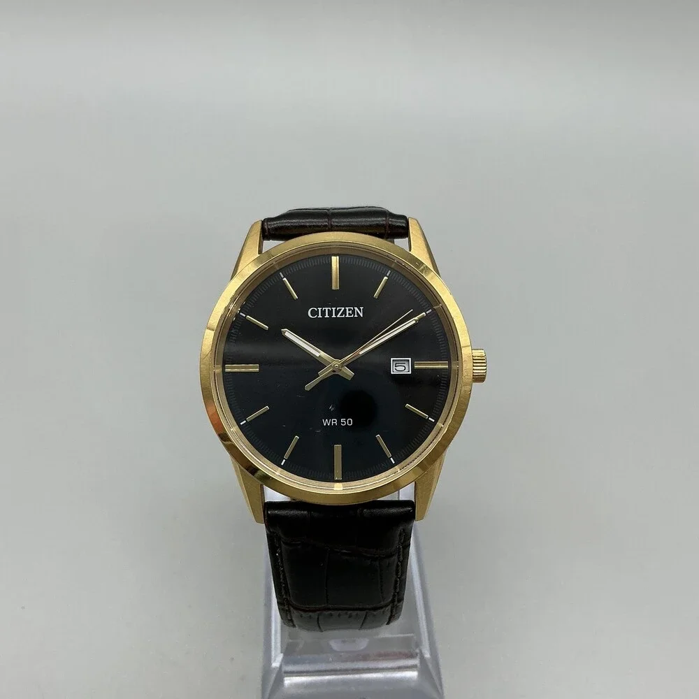 Citizen WR 50 Mens Watch 38mm Black Dial Date Gold Tone Brown Leather Band