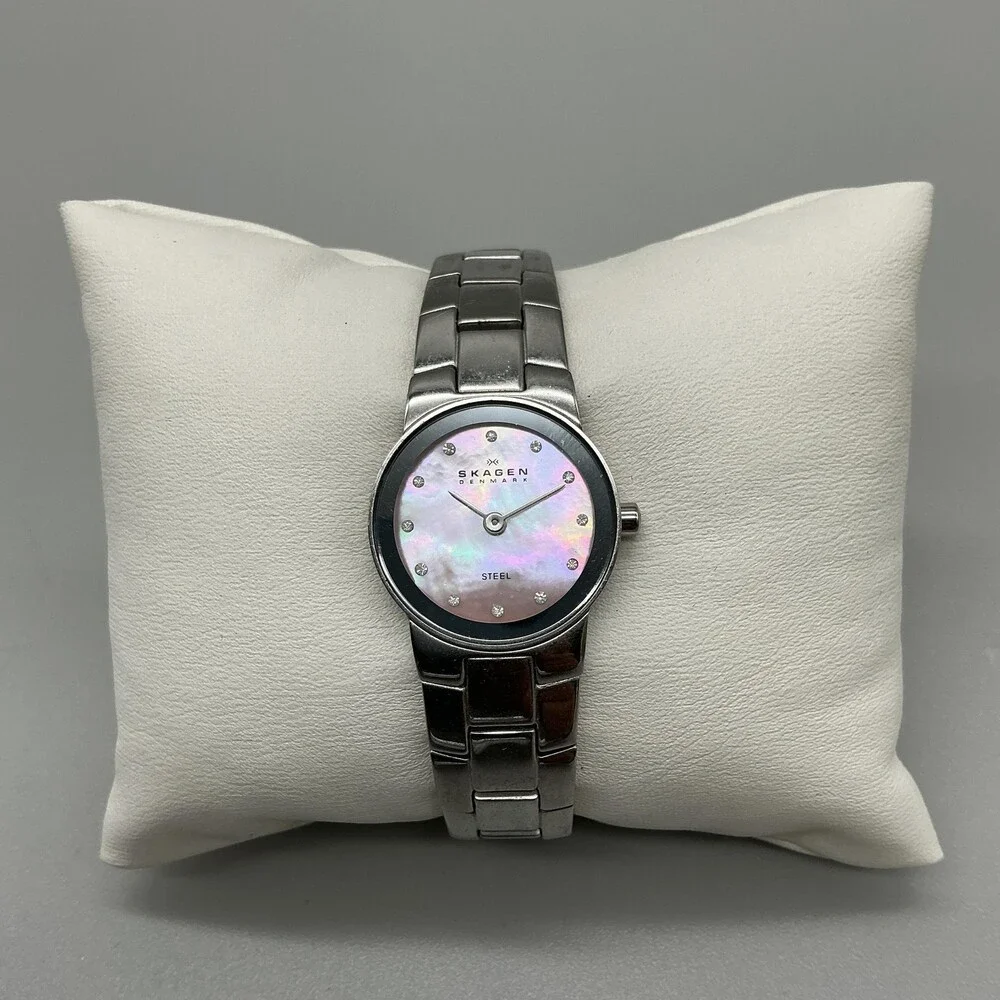 Skagen Womens Watch 22mm Pink MOP Dial Stainless Crystals New Battery 6