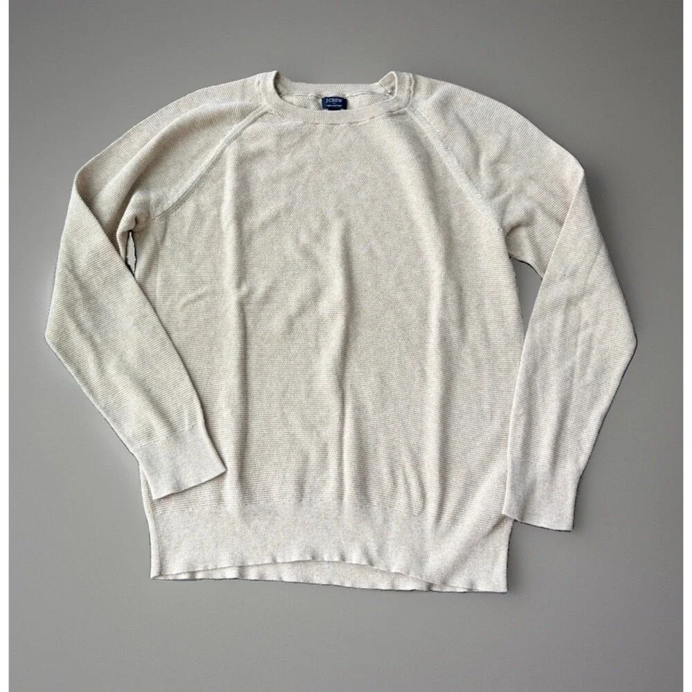 J Crew Mens Large Crewneck Sweater Beige Textured Knit Raglan Pullover Cotton L