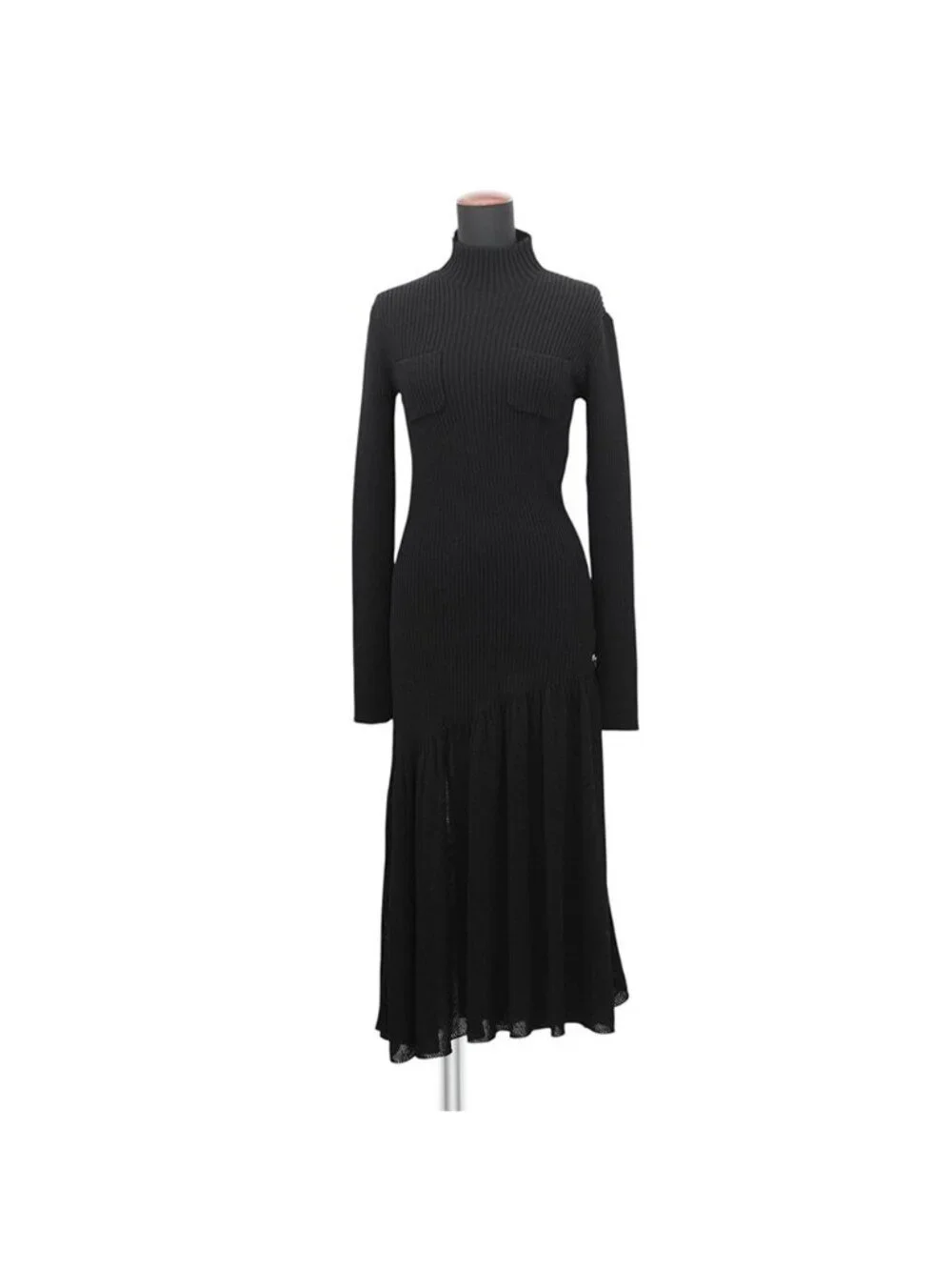 Chanel Dress Knit Long CC Logo Virgin Wool Sleeve Black