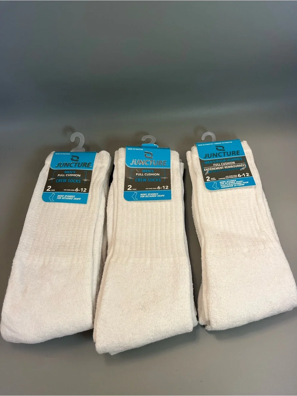 Juncture Men's Socks Size 6-12 White Full Cushion 2 Pair Pack Crew Sock Set of 3