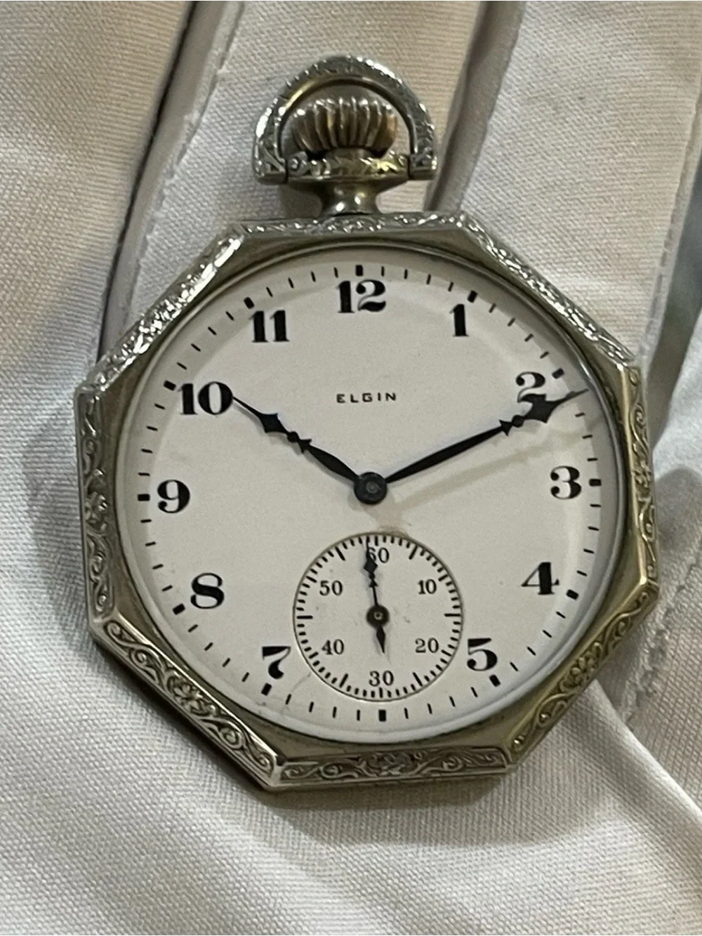 1924 Elgin Art Deco Pocket Watch 17J 12s Octagon RUNS Illinois Spartan Knife Set