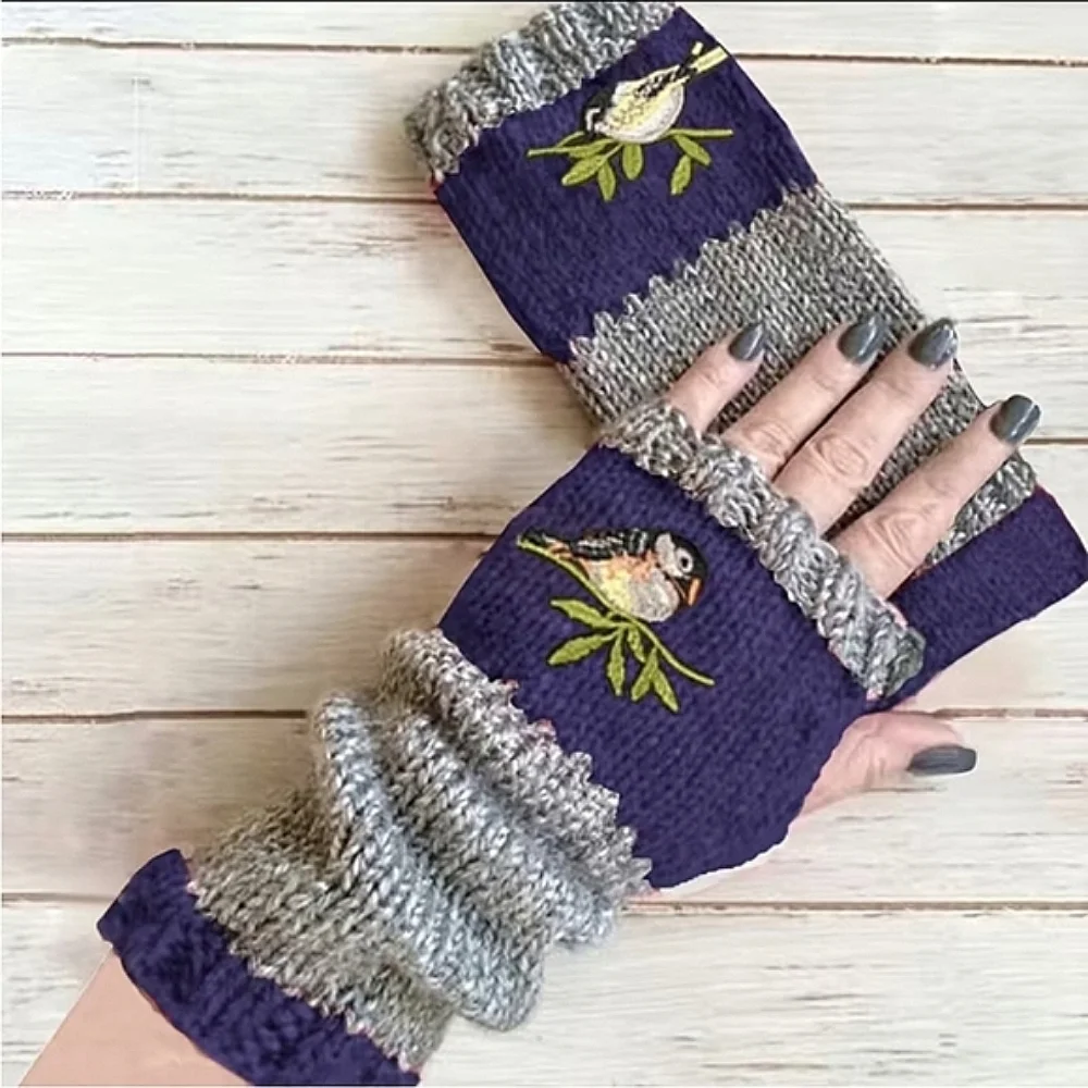 Fingerless Warm Gloves Thumb Holes Olive Green Gray Embroidered Birds Mittens