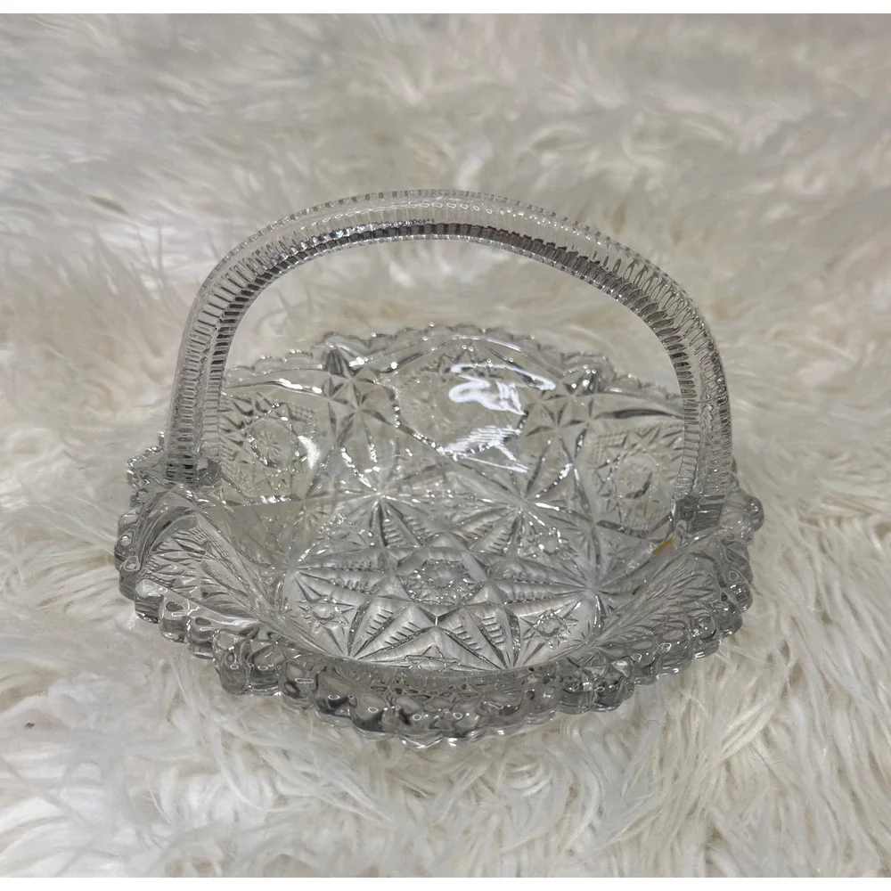Vintage Pressed Glass Basket Starburst Pattern Clear Candy Dish Scalloped Rim