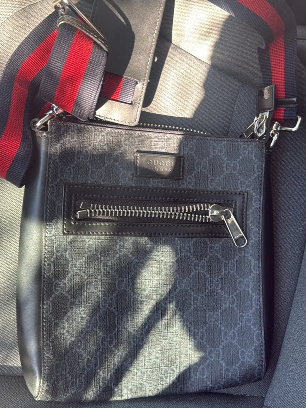 Gucci Black GG Canvas Messenger with Red-Striped Strap