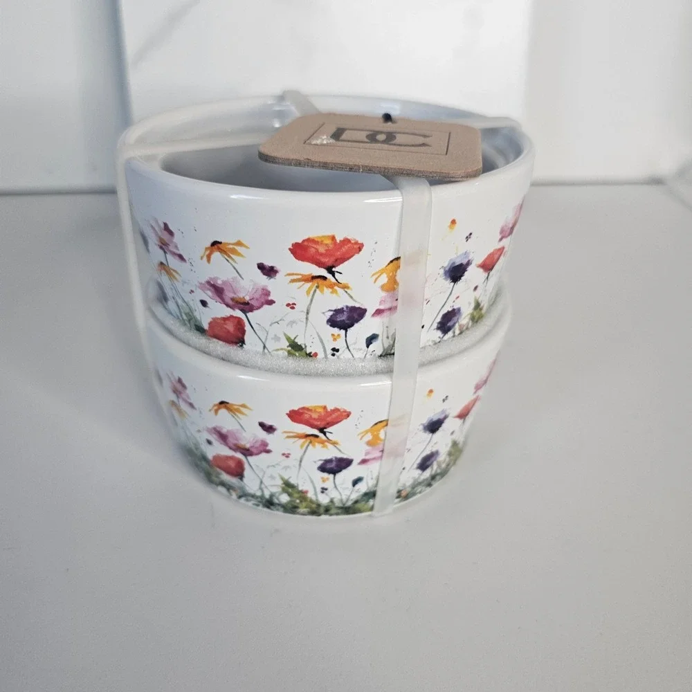 DEMDACO Dean Crouser Wildflowers Ramekins Set of 2 NWT New White Colorful Floral